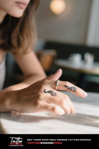 Close-up of a tiger stripe pattern tattoo on a woman's finger