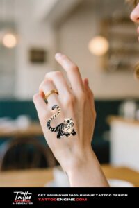 Close-up of a tiger tail tattoo on a woman's ring finger