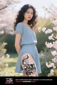 A woman with a tiger and cherry blossom tattoo on her thigh