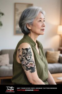 A woman with a tiger and lotus flower tattoo on her shoulder blade