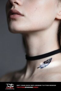 A woman's jawline with a tiny feather tattoo, wearing a black choker.