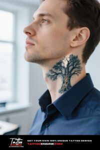 A man with a tree neck tattoo in a blue shirt.