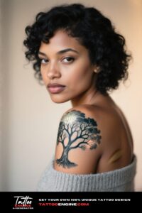 A photorealistic image of a woman's shoulder with a tree of life tattoo