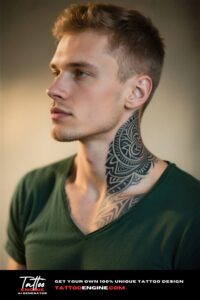 A man with a tribal neck tattoo in a dark green t-shirt.