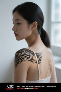 A photorealistic image of a woman's shoulder with a tribal tattoo