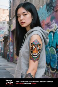 A woman with a colorful tribal tiger tattoo on her forearm