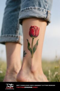 A woman's ankle with a tulip tattoo, against a blurred meadow background