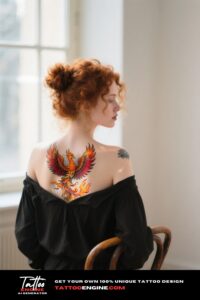 A woman with a vibrant phoenix tattoo on her upper back in a softly lit room.