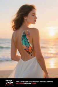 A woman's side with a colorful feather tattoo, wearing a white dress on a beach.
