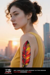 A woman's upper arm with a colorful feather tattoo, wearing a mustard yellow top.
