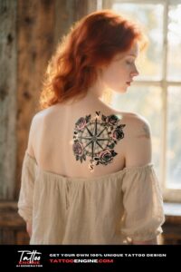 A photorealistic image of a woman's shoulder with a vintage compass and roses tattoo
