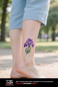 A woman's ankle with a detailed violet tattoo, in a park setting