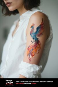 An extreme close-up of a watercolor-style phoenix tattoo on a woman's forearm.