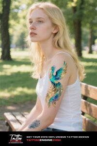 A woman with a watercolor phoenix tattoo on her forearm in a sunlit park.
