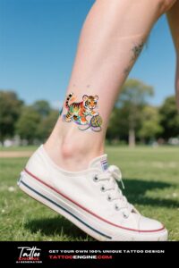 Close-up of a watercolor tiger cub tattoo on a woman's foot