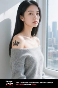 A woman with a crown tattoo on her shoulder standing by a window.