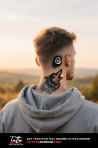 Back view of a man with a wolf neck tattoo in a grey hoodie.