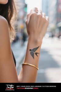 Close-up of a tribal bird tattoo on a woman's wrist with a city street in the background.