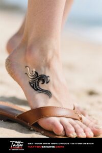 Close-up of a tribal wave tattoo on a woman's foot with a beach background.