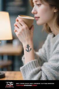 A woman's wrist with a small anchor tattoo, symbolizing stability in friendship.