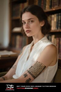 Close-up of a woman's arm with an ancient script tattoo.