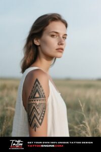 A woman's upper arm with a tribal angular tattoo, set against an open field background.