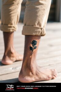 Photorealistic close-up of a man's ankle with a black rose tattoo, wearing beige chinos on a wooden deck.