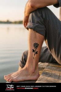 Photorealistic close-up of a man's ankle with a black rose tattoo, wearing shorts on a dock by a lake.