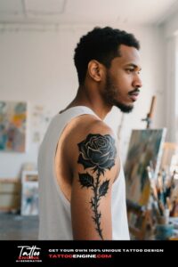 Cinematic shot of a man's shoulder with a black rose tattoo, wearing a white shirt in an art studio.