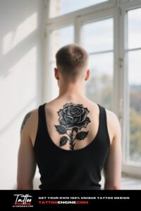 Cinematic shot of a man's back with a black rose tattoo, wearing a black tank top by a sunlit window.