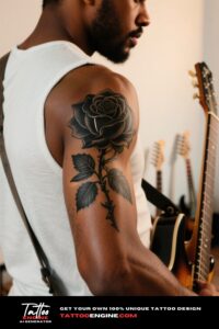 Cinematic close-up of a man's bicep with a black rose tattoo, wearing a white t-shirt while holding a guitar.
