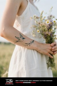 A woman's forearm with a bird in flight tattoo, symbolizing freedom and dreams shared in friendship.