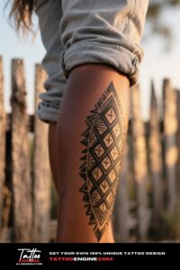 Close-up of a tribal tattoo on a woman's calf with a rustic wooden fence background.