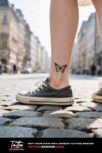 A woman's ankle with a butterfly tattoo, symbolizing transformation and freedom in friendship.