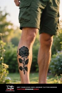 Photorealistic shot of a man's calf with a black rose tattoo, wearing cargo shorts in a sunlit garden.