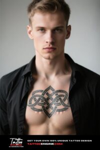 Close-up of a man's chest with a Celtic-style tribal tattoo