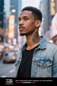 Man with an African tribal neck tattoo in a city street