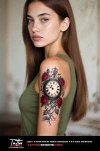 A woman with a clock and roses tattoo on her arm, in an olive green top.