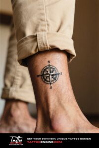 A man's ankle with a small compass tattoo, symbolizing direction in friendship.