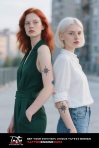 Two women with matching compass rose tattoos on their forearms, symbolizing a shared journey.