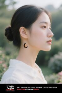 A woman's neck with a crescent moon tattoo behind her ear, symbolizing mystery and change in friendship.