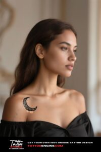 Close-up of a tribal crescent moon tattoo on a woman's shoulder, with an elegant interior background.