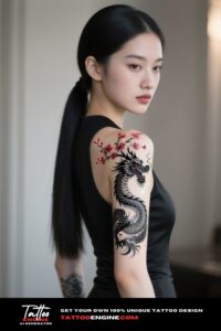 A woman with a dragon and cherry blossom tattoo on her arm, in a black dress.
