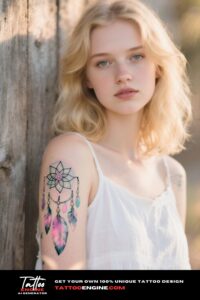 A woman with a dreamcatcher tattoo on her arm, in a white dress.