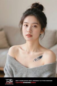 A woman's collarbone with a small feather tattoo, symbolizing lightness in friendship.