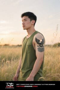 Man with a Native American-inspired eagle tribal tattoo in a field