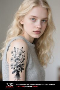 A woman with a floral bouquet tattoo on her arm, in a grey sweater.