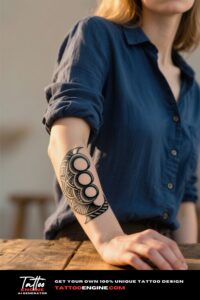 A woman's forearm with a tribal pattern tattoo, set against a rustic wooden table background.