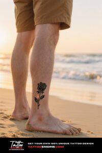 Photorealistic shot of a man's foot with a black rose tattoo, wearing shorts on a sandy beach at sunset.