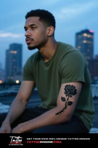 Medium shot of a man with a black rose tattoo on his forearm, wearing a green t-shirt.